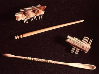 Deux peignes, une épingle à cheveux et une cuillère pour le maquillage