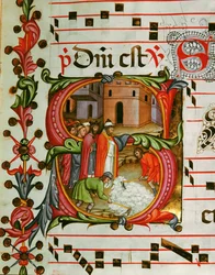 Antiphonaire en note 7, livre contenant les chants à chanter par le chœur pendant la messe (parchemin)