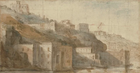 Vue de Mergellina sur la baie de Naples, avec Capodimonte au-delà (craie rouge et bleue, plume et encre brune, aquarelle, quadrillage à la craie rouge et noire)