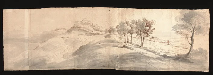 Vue de la campagne romaine, près de Castel Gandolfo (craie noire, plume et encre brune, lavis gris/papier)