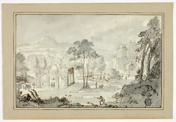 Chasseur avec chien, autres figures dans un paysage avec villa, canal, pyramide