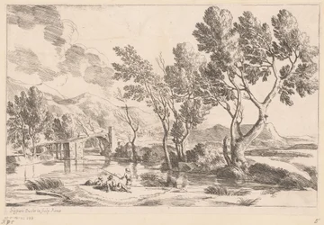 Paysage fluvial avec pont et pêcheurs