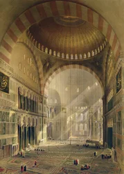 Haghia Sophia, planche 24 : intérieur du dôme central avec lustres abaissés (gravé par Louis Haghe) publié en 1852