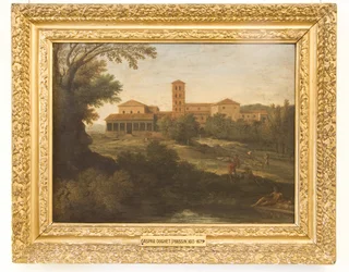 Paysage classique avec un homme conduisant un troupeau de moutons