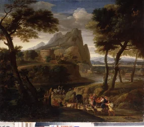 Paysage avec groupe de voyageurs