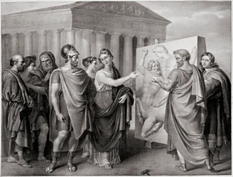 Le politicien athénien Périclès (495-429 av. J.-C.) et Aspasie, sa compagne, dirigent le travail de Phidias pour le Parthénon à Athènes (gravure)