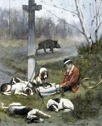 Le chasseur et ses chiens endormis - gravure par Gaston Gelebert