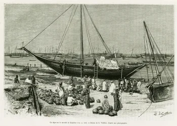 Un tepe sur le marché de Zanzibar (Tanzanie). Gravure pour illustrer l