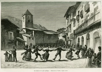 Danses sur la place publique. Gravure pour illustrer l