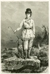 Portrait de Madame Marie De Ujfalvy-Bourdon, en tenue de voyage, avec son chien, mariée à l