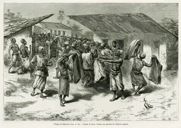 Le village de Bakourou, les indigènes reçoivent des cadeaux pour les négociations de paix. Gravure par G. Vuillier, pour illustrer l
