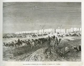 Les murs de Meshed Ali (Ali Ibn Abi Talib, mort en 661, cousin, disciple et gendre de Muhammad (570-632)) sont situés dans la mosquée de Najaf (Irak) et les pèlerins se rassemblent pour célébrer le premier et père de tous les imams. Gravure de G. Vuillier