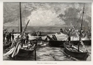 Pêche au thon (mattanza) : la chambre de la mort, les thons pressés dans un espace restreint sont couverts par les harpons des pêcheurs. Gravure et histoire "La Sardaigne" par Gaston Vuillier (1845-1915), en 1890, dans "Le tour du monde, nouveau journal de
