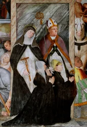 Sainte Catherine de Sienne, Saint Nicolas de Bari et deux enchérisseurs à genoux