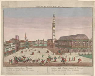 Vue de la Piazza dei Signori de Vicence avec des calèches et des personnages, ca. 1750-1801