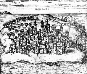 Vue de Mombaza, de Civitates orbis terrarum de Georg Braun, publié en 1572 (détail)