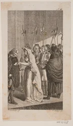 Illustration avec une jeune femme donnant une lettre à un homme plus âgé. En arrière-plan, deux hommes entourés de gardes de la ville