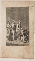 Illustration avec un jeune couple avec un oriental et trois soldats turcs agenouillés