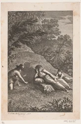 Femme allongée avec garçon et fille dans un paysage