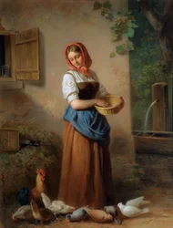 Une fille nourrissant des poules et des pigeons