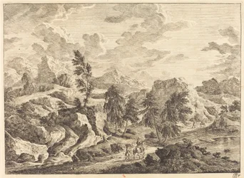 Paysage avec le soleil levant et un cavalier avec un assistant