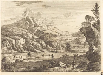 Paysage fluvial montagneux avec figures