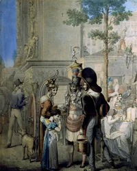 Marchand de noix de coco Porte Saint-Denis à Paris. Ancienne boutique de marchand vendant des coupes de noix de coco dans les rues de Paris. Dessin de l