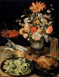Nature morte avec fleurs et collation, vers 1630-1635