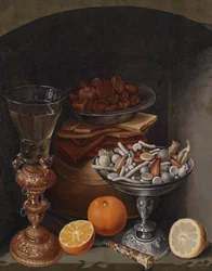 Nature Morte avec un Verre à Vin, des Oranges, une Assiette avec des Champignons et une Coupe en Argent