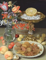 Nature morte avec fleurs et dessert
