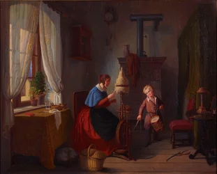 Femme au rouet et tambourinaire avec sabre