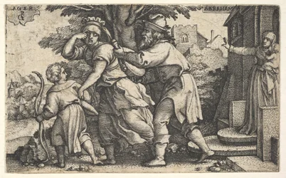 Abraham renvoyant Agar et Ismaël : Abraham tend un vase alors qu