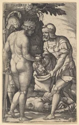 Tomyris, montrée nue de dos, plaçant la tête de Cyrus dans un sac tenu par un soldat, ca. 1539