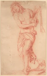 Ecce Homo. Christ souffrant debout avec des verges et un fouet noué ainsi qu