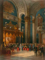 Hommage des officiers cosaques dans la salle du trône, couronnement du tsar Alexandre II, Moscou, 1856