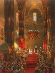 Le Métropolitain se prosterne lors de la cérémonie de couronnement du tsar Alexandre II, Moscou, 1856