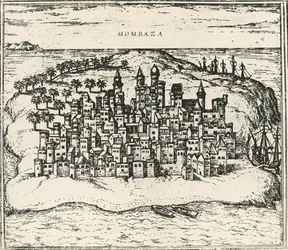 Ville de Mombasa au Kenya, gravure de Civitates Orbis Terrarum