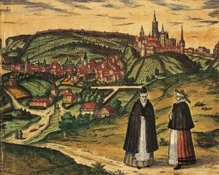 République tchèque, Prague, Vue de la ville avec la citadelle en arrière-plan, gravure en couleur de Civitates Orbis Terrarum par Georg Braun (1541-1622) et Franz Hogenberg (1535-1590)
