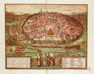 Israël et Palestine, Ville de Jérusalem, par Georg Braun et Franz Hogenberg, de Civitates Orbis Terrarum, gravure en couleur