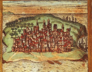 Carte de Mombasa, Kenya, de Civitates Orbis Terrarum par Georg Braun et Franz Hogenberg, gravure