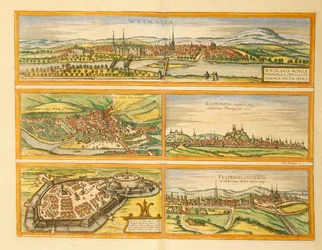 Carte de Weimar, Iéna, Erfurt, Gotha et Fulda du Civitates Orbis Terrarum par Georg Braun