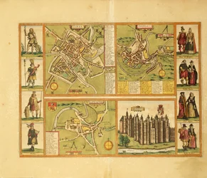Carte de York, Shrewbury, Lancaster et Château de Richmond de Civitates Orbis Terrarum par Georg Braun