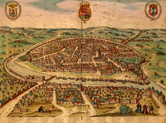 Espagne, Séville, vue de la ville, gravure en couleur de Civitates Orbis Terrarum par Georg Braun et Franz Hogenberg