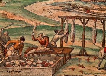 Transformation du thon par Franz Hogenberg, scène de Civitates Orbis Terrarum par Georg Braun et Franz Hogenberg