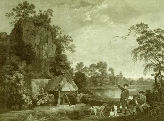 Deux messieurs allant chasser, avec une vue de Creswell Crags, prise sur place, Planche 1