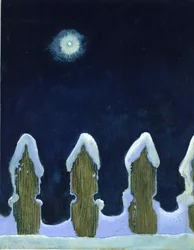 Clôture enneigée au clair de lune