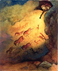 M. Punch en explorateur de grotte effrayant les animaux de Lascaux, commande non publiée par Punch, 1968
