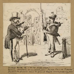 Sentinelle arrêtant un gentleman à la porte