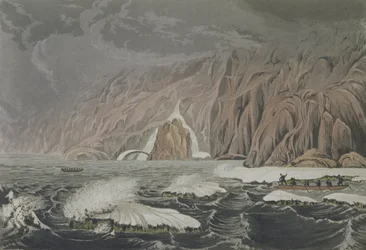 Expédition doublant le Cap Barrow, 25 juillet 1821, de Narrative of a Journey to the Shores of the Polar Sea in the Years 1819-22 par Sir John Franklin (1786-1847) gravé par Edward Finden (1791-1857)