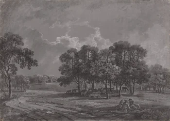 Scène de parc avec cerfs, bovins et un groupe de personnages